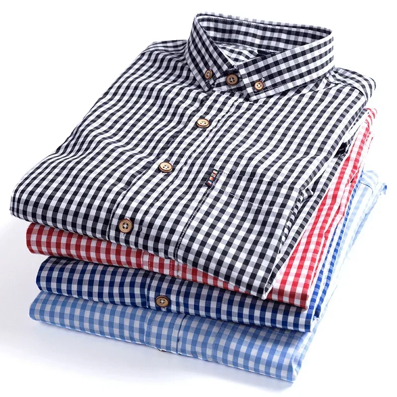 Description Picture 2 of itemQuality Thin 100% Cotton Plaid Shirts for Men Long Sleeve Regular Fit Checkered Dress Shirt Mens Blue New Soft Comfortable Male