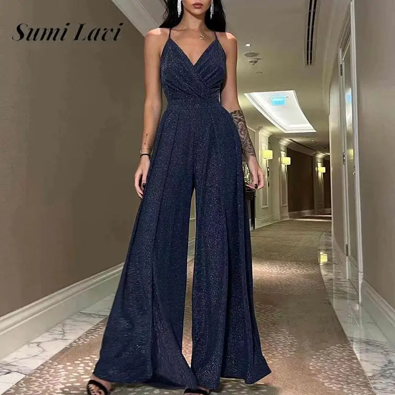 

Elegant Ladies Sling Sexy Jumpsuit Fashion ShinyV Neck High Waist Playsuit Summer Women Solid Color Backless Wide Legs Rompers