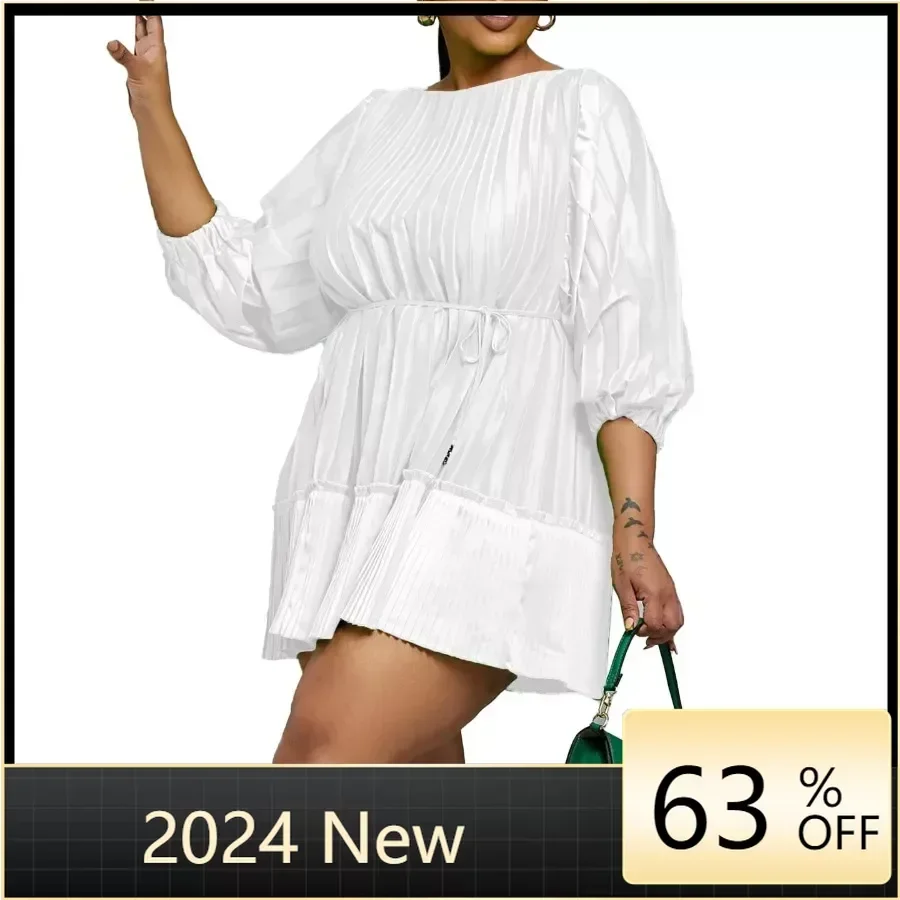 

2024 элегантные африканские плиссированные платья для женщин осенние с длинным рукавом черный белый полиэстер