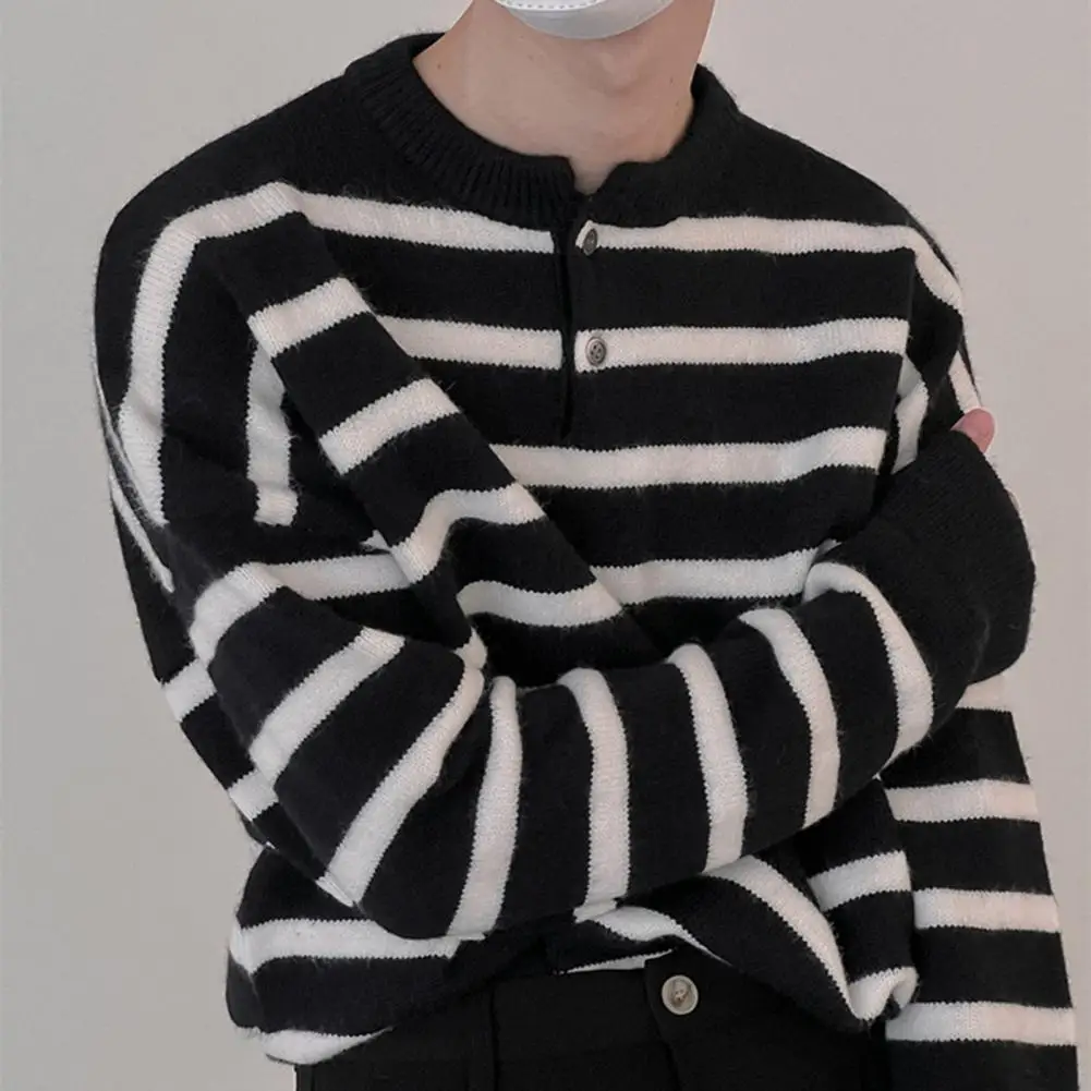 Winter Men Sweater Striped Print Buttons Neckline Knitted Pullover O-neck Long Sleeve Warm Jumper Streetwear Men's Clothing