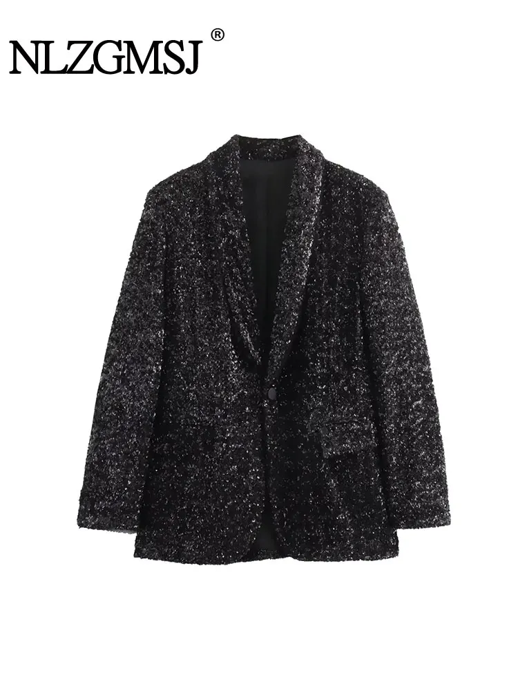 

Nlzgmsj TRAF Fitted Sequin Blazer For Women 2024 New Fashion Lapel Jackets Woman Elegant Chic Pocket Single Button Blazers