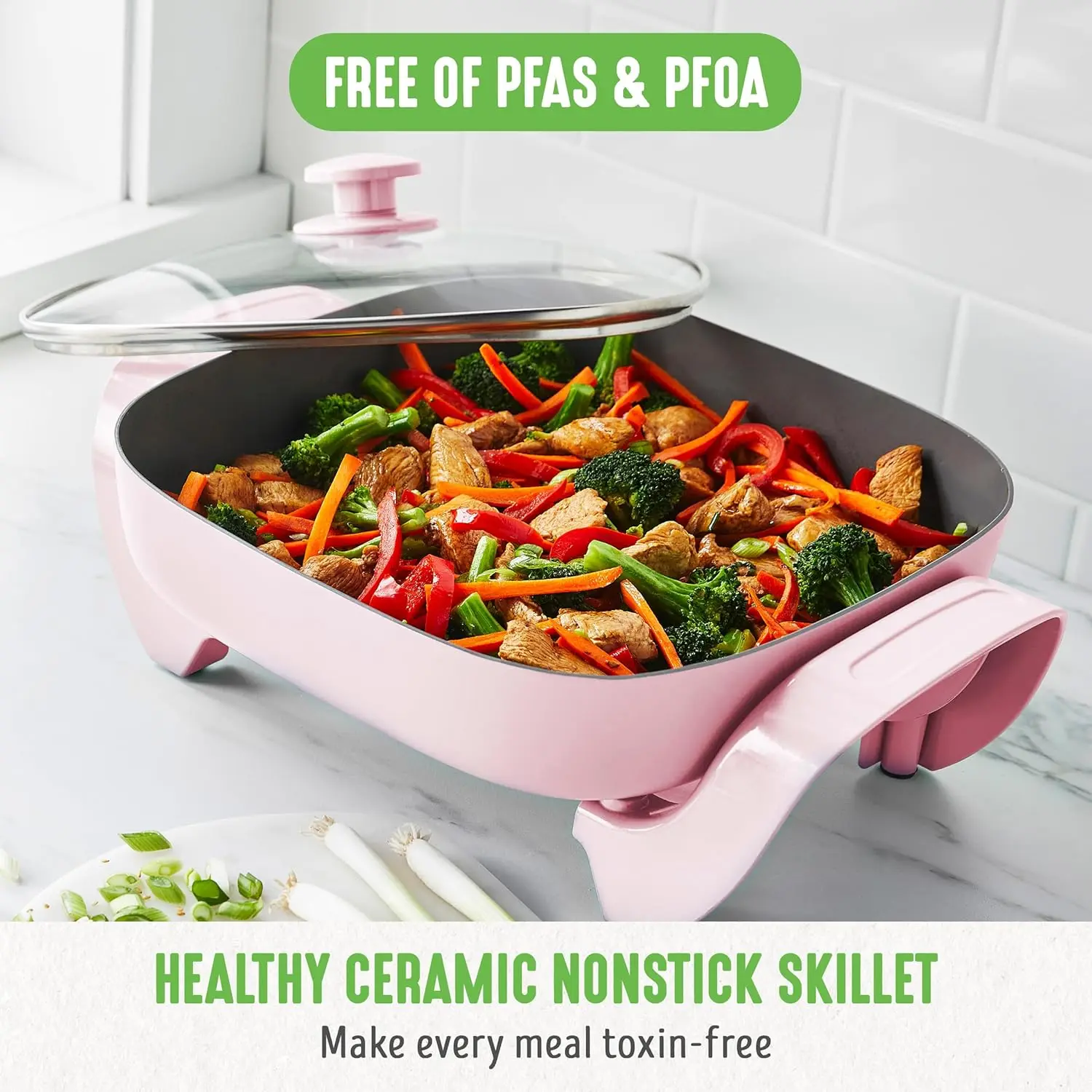 12" 5QT Square Electric Skillet, Adjustable Temperature Control, Cool Touch Handles, Quick Even Heating, Scratch Resistant, Pink