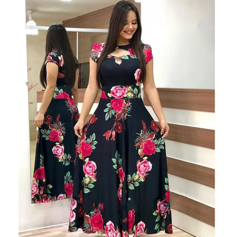 

Rose Print 5Xl Elegant Summer Women Dress Casual Bohmia Flower Print Maxi Dresses Fashion Hollow Out Tunic Vestidos Dress