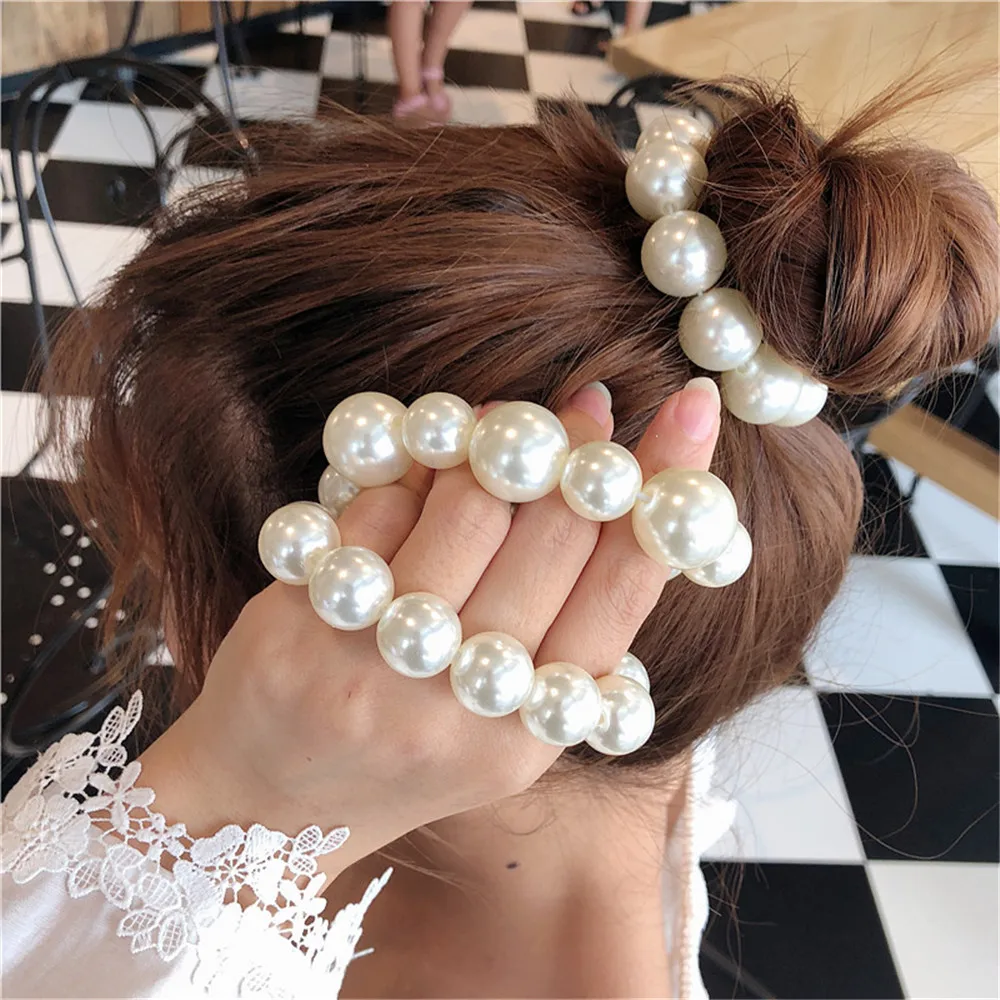 

Fashion White Pearl Beaded Hair Rope French Elegant Bracelet Hair Scrunchies Women Girls Elastic Ponytail Bun Hairband Headwear