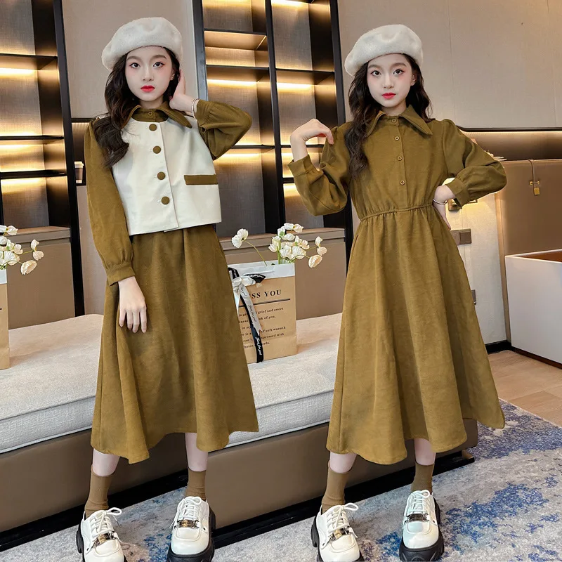 

Spring Autumn Girls Dress Set Long Sleeve Children's Retro Vest Dress Set Teenage Girls Clothing Suit 4 6 8 12 14 16Y