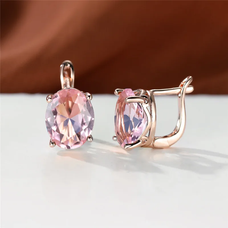 Crystal Female White Oval Stone Clip Earrings Rose Gold Color Multicolor Zircon Fashion Wedding Jewelry For Women
