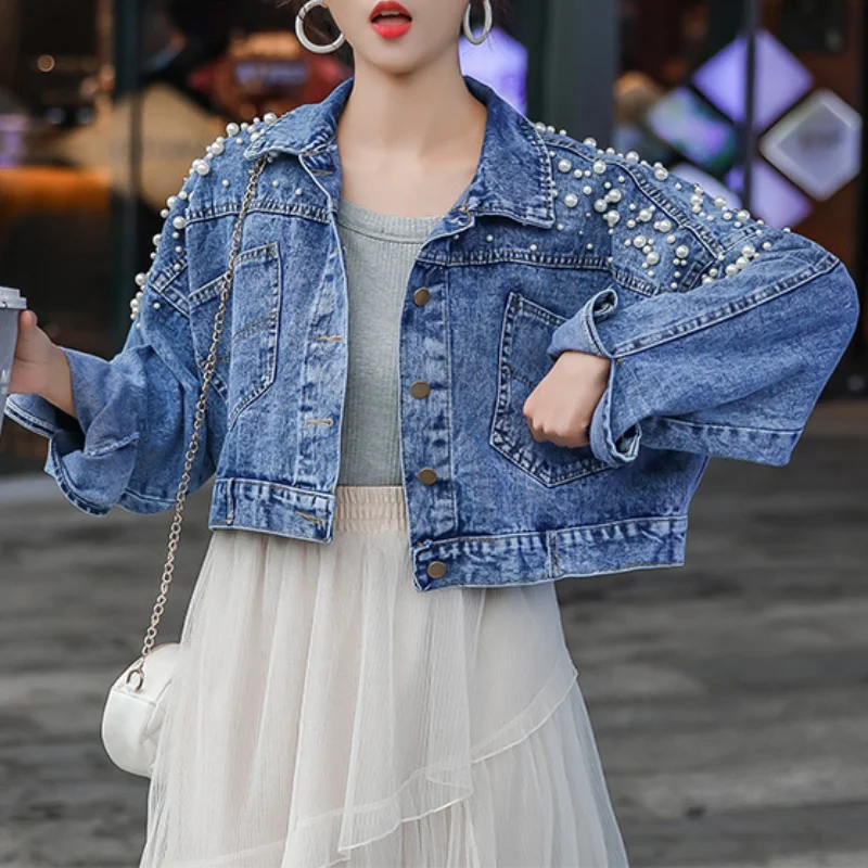 Fashion Diamonds Denim Jacket Women Loose Short Outwear 2023 Spring Autumn Street Indie Aesthetic Lapel Beading Cowboy Jackets