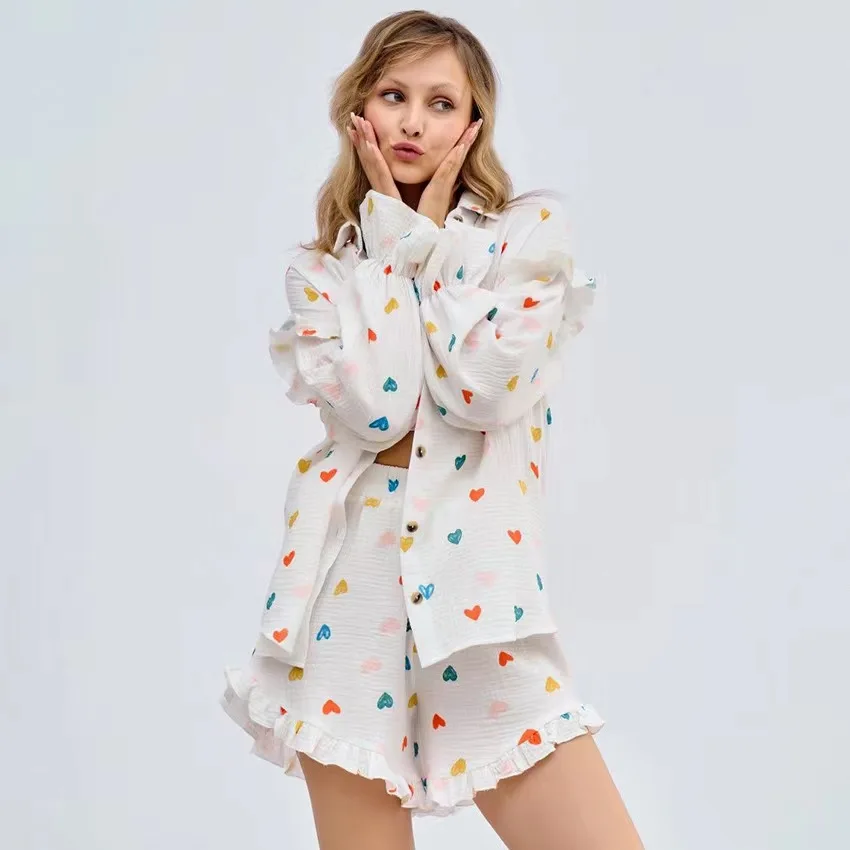 2024 Fashion Cotton Heart Pattern Linen Ruffle Shirt Shorts Two Piece Set soft Women Long Sleeve sleepwear Short with Pocket