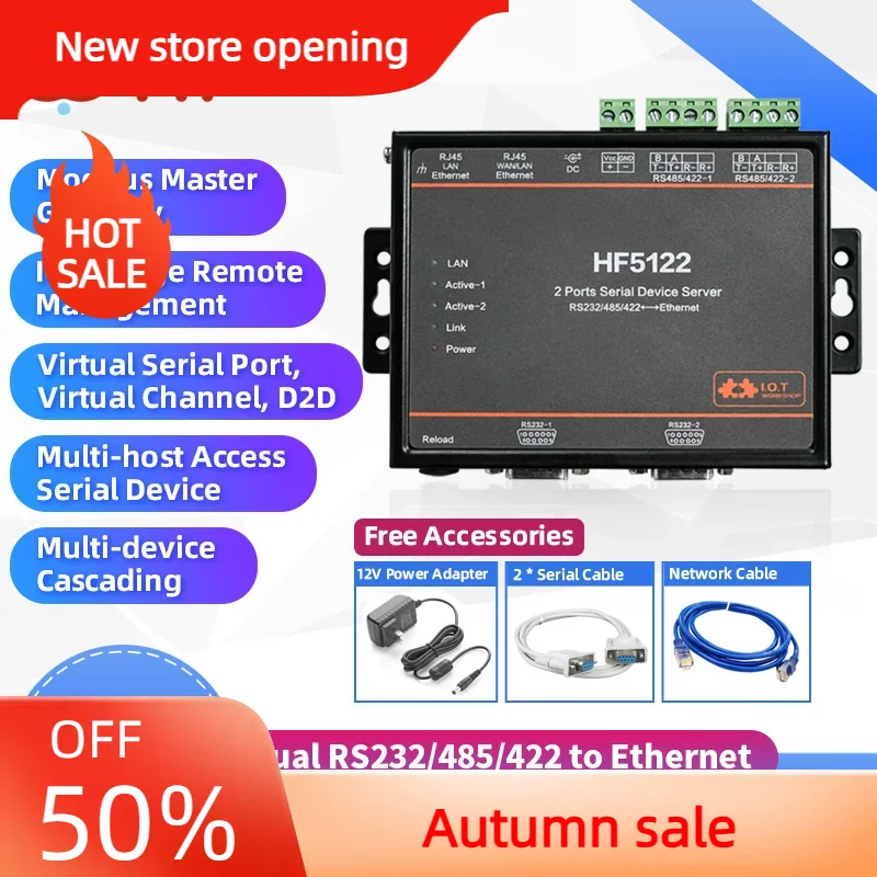 IOT Serial to Ethernet Converter - FreeRTOS, 2-Port Transmission, Serial Server,modbusrtu HF5122RJ45 RS232/485/422 to tcp module hf2211 serial to wifi rs232 rs485 rs422 to wifi ethernet converter module for industrial automation data transmission hf2211a