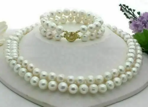 

DOUBLE STRANDS AAA 9-10mm South Sea White Pearl Necklace Bracelet 14k Gold Clasp