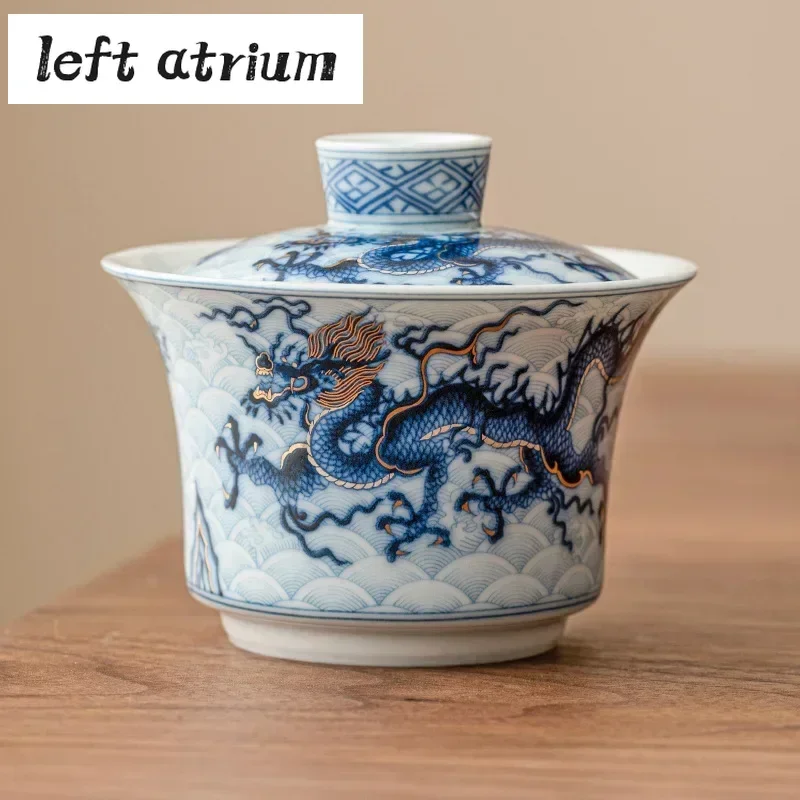 150ml Antique Gold Silver Inlaid Gaiwan Blue and White Dragon Tea Tureen Household Tea Maker Cover Bowl Services Ornaments