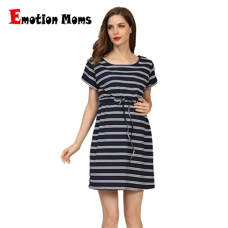 

Emotion Moms Summer Maternity Pregnancy Clothes Short Sleeve Maternity Dresses Striped Lactation Dresses for Pregnant Women