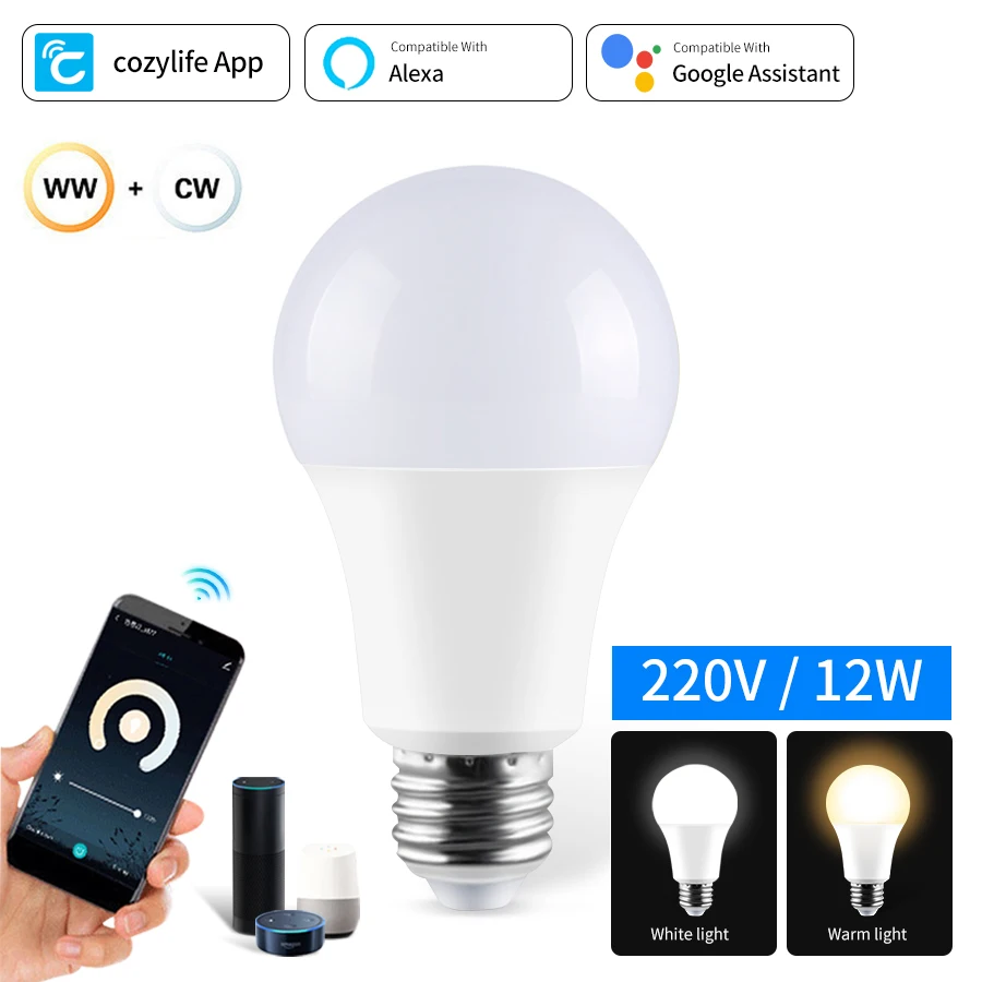 Ampoule LED intelligente WiFi 12W 15W 20W 220V 110V E27, lampe intelligente Alexa, application Cozylife, lampe Google Assistant, commande vocale, décoration de la pièce