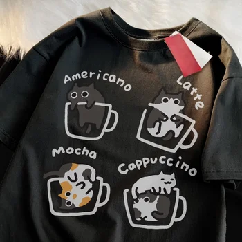 Cat Coffee Pure Trendy Summer Loose Short Sleeved T-shirt Men Women Original Mocha Latte Cat Three Flowers Fun Cat Tees 1