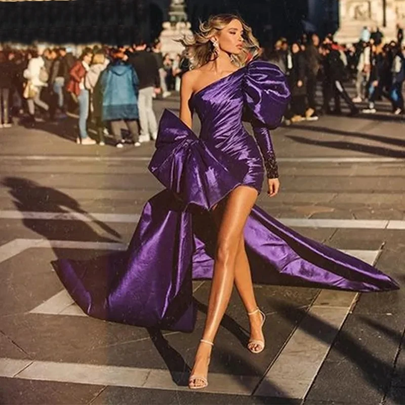 

Vintage Evening Dresses Long Train Pleat Smooth Satin Ball Gowns Long Sleeve Woman's Formal Bride Beach Party Gala فساتين سهرة