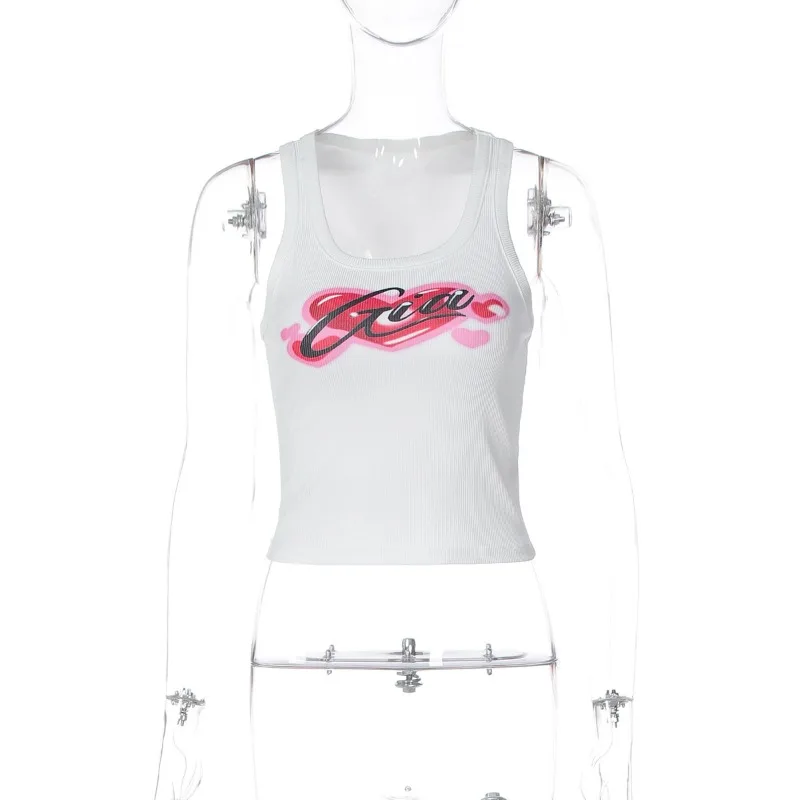 Fashion Spring New Women's Sleeveless Love Print Crew Neck Top Sexy Elegant Slim-fitting Versatile Women's Summer Short Vest
