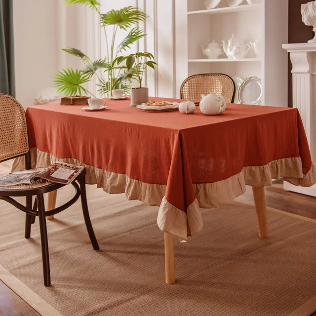 Nappe de Table 100% coton lavable, pour fête de mariage, salle à manger, décoration de Banquet, couverture de Table luxueuse, couture à volants 5