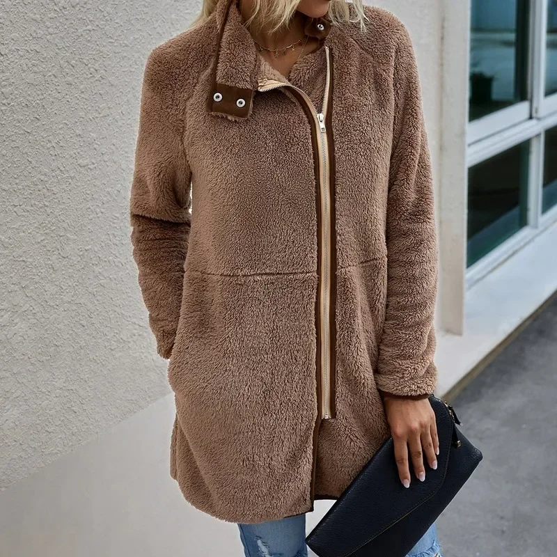 Long Sleeve Pocket Zipper Coat Warm Winter Mid-length Coat Winter 2024 Fashion Ladies Loose Solid Color Casual Jacket