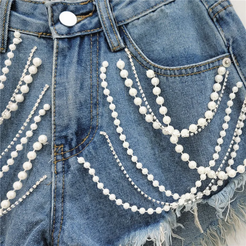 Denim Shorts Women's Summer New High Waist Figure Flattering Heavy Industry Rhinestone Tassel Burr Wide Leg Short Pants