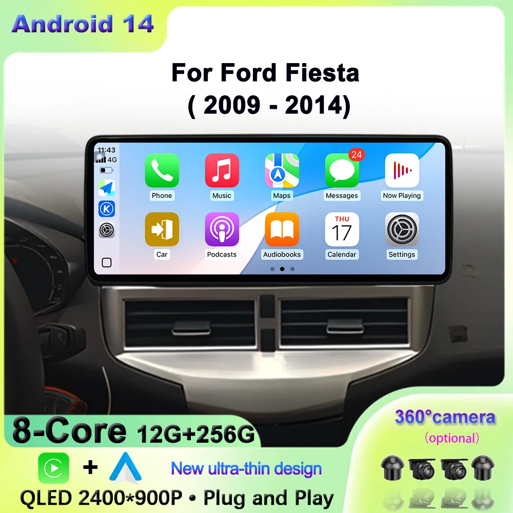 2G+64G Android Autoradio 2 Din per Ford Fiesta 2009-2014 con Wireless Carplay Android Auto Navi GPS WiFi 9 Pollici Autoradio con Mirror Link Bluetooth FM/ RDS/DAB+/OBD2/DVR Telecamera Posteriore