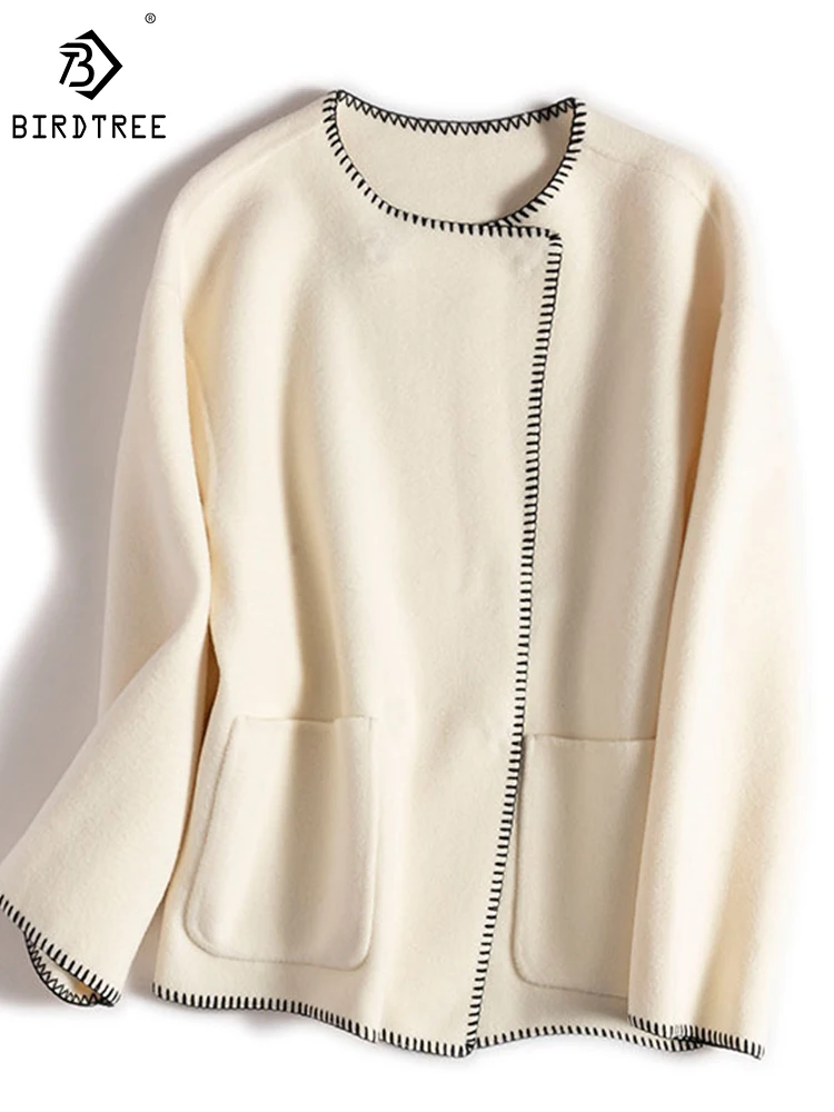 

Пальто из 100% шерсти с круглым вырезом и скрытыми пуговицами; Однотонное свободное Теплое повседневное универсальное короткое пальто; Сезон осень; C3N143QD