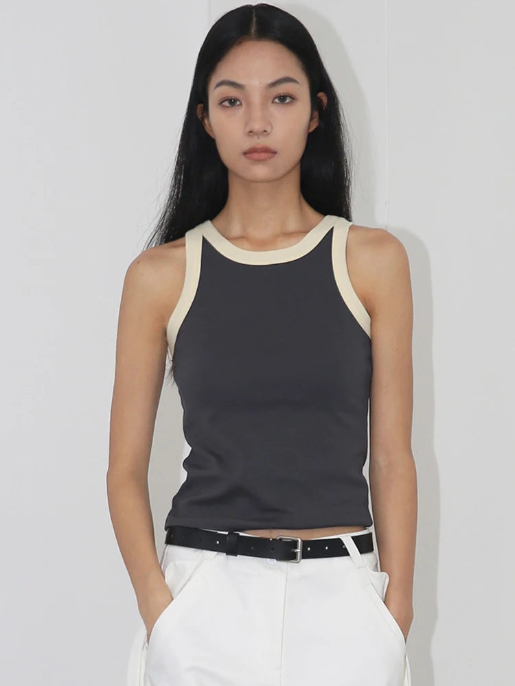

CamKemsey Chic Gray Contrast Tank Tops For Women Summer Sleeveless Slim Fit Ice Silk Knitted Bottomed Tees High Quality