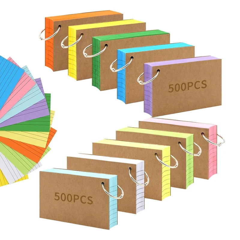 

1000 PCS Index Cards Set Kit 3X5 Inches Colored Flash Cards With Ring, Punched Lined Flashcards Ruled Index Cards Notecards Kit