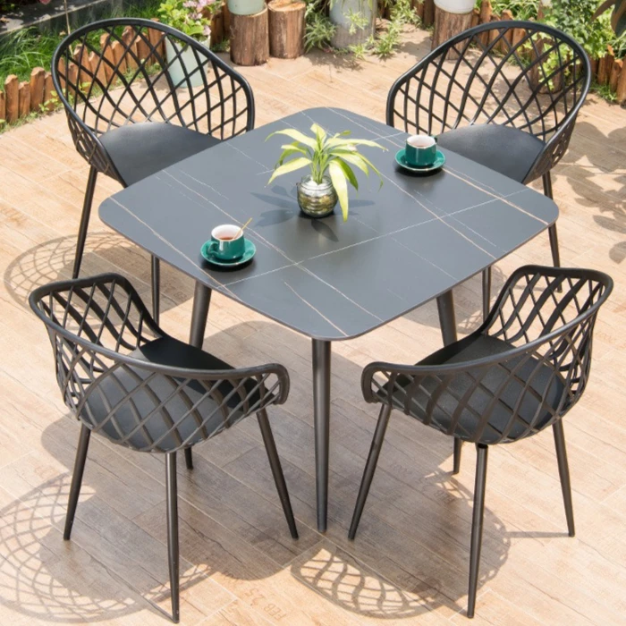 Outdoor Plastic Integral Slant Mesh Chairs Patio Balcony Trendy Milk Tea Shops Cafe Leisure Steel Table Set Durable Weatherproof