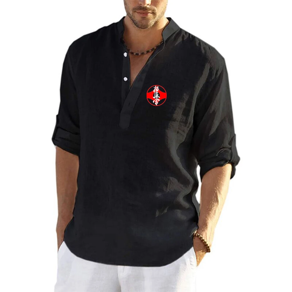 

2024 Kyokushin Karate Men Spring and Autumn Hot Sale Cotton Linen Long-Sleeved Solid Color V-Collar Casual Beach Casual Tops