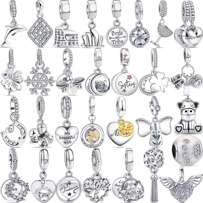 Vero Argento 925 Sirena Unicorno Figlia Madre Ciondola Fascino Cuore Rosso Perline Fit Originale Pandora Charms Bracciali Gioielli Donna