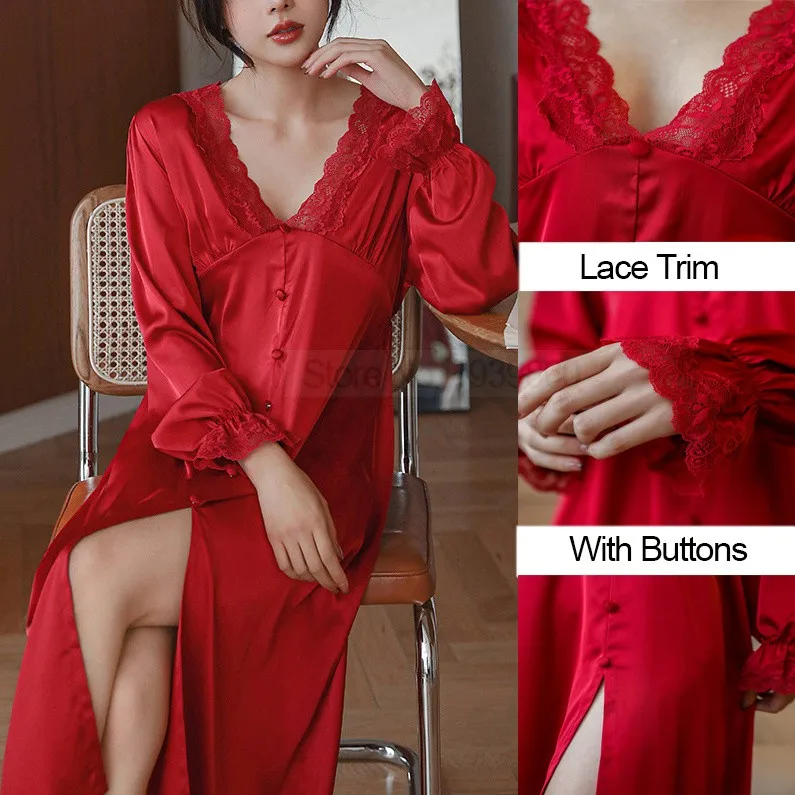 

Princess Style Nightdress V-Neck Sleepwear For Women Satin Nightgown With Buttons Sexy Kimono Dressing Gown Lace Trim Lingerie