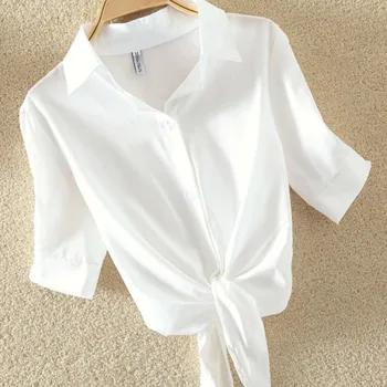 Casual White Blouse for Women Elegant Solid Short Sleeve Shirt Bow Belt Waist Office Lady Tops Summer Fashion Clothes 19870