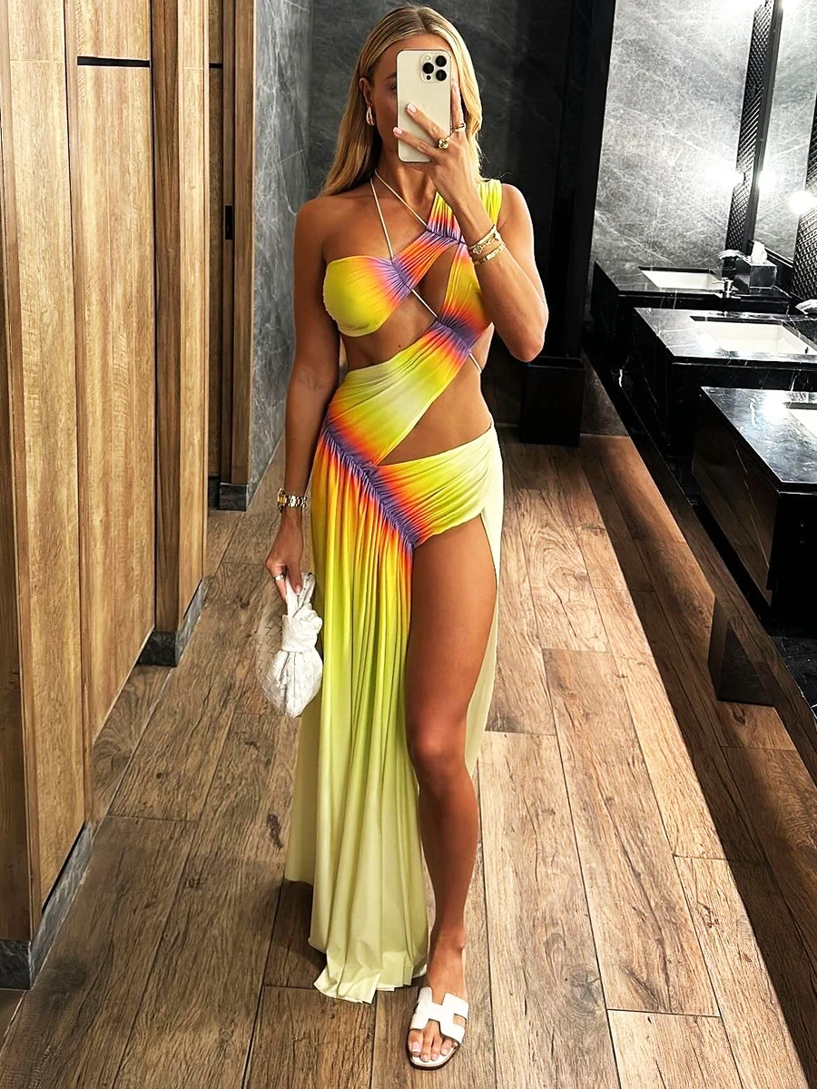 Multi Color Gradient Swimwear Fashion Beach Skirt With High Slit Beach Wear Design Backless Sexy Women'S  Swimming Costumes