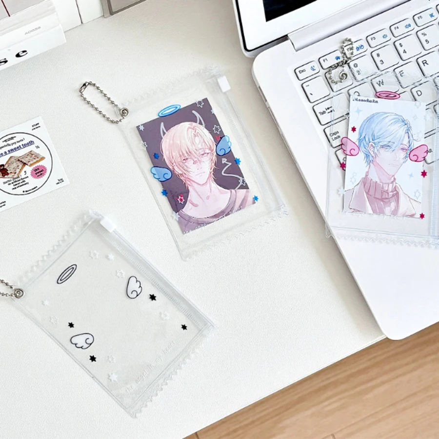 Kpop Photocard Holder with Keychain Y2K Kawaii Angel wings Photo Card Sleeves ID Badge Holder Card Protector 4