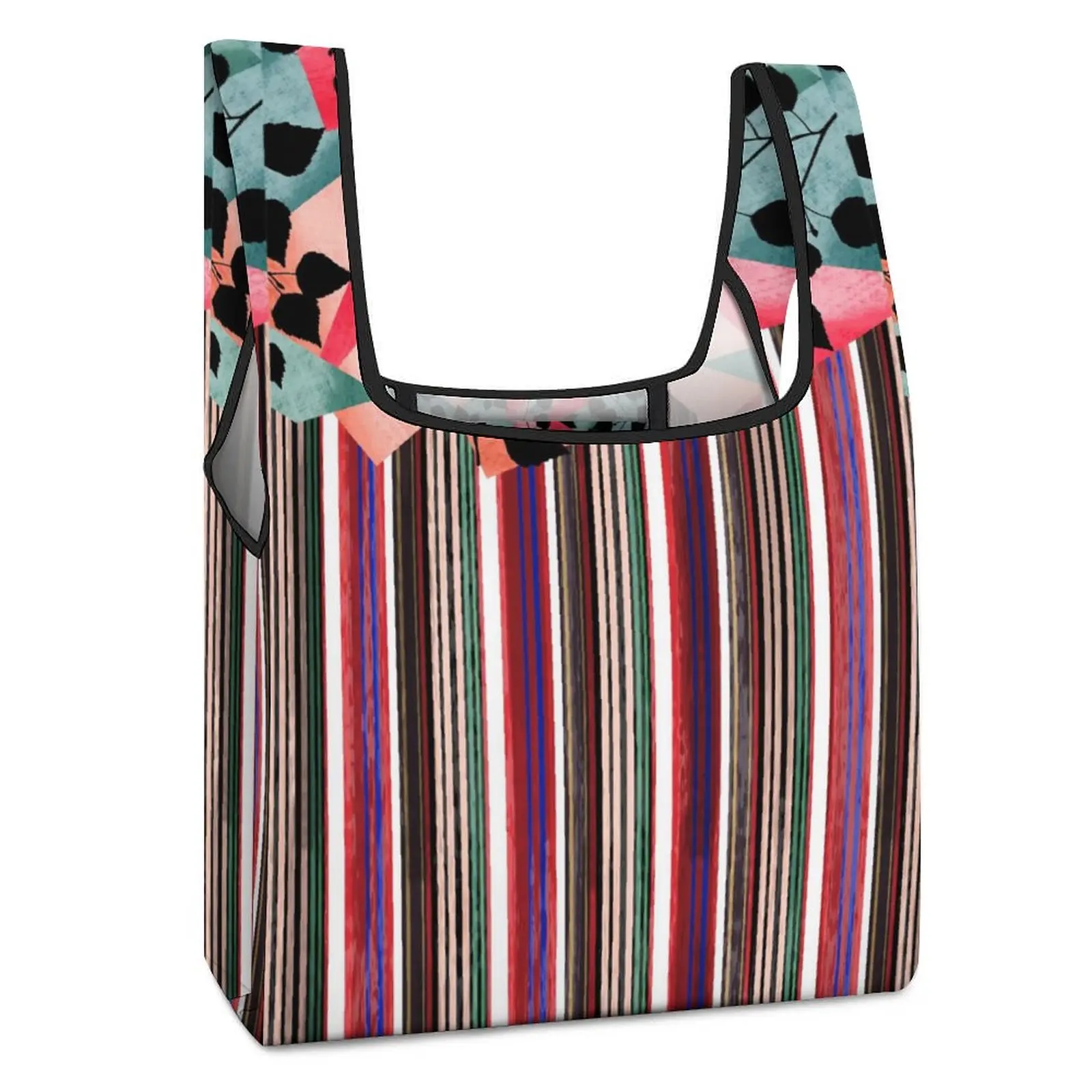 Customized Printed Collapsible Shopping Bag Double Strap Handbag Colorful Stripes Tote Casual Woman Grocery Bag Custom Pattern customized printed bags shopper shoulder bag ethnic retro style shopping tote casual woman grocery handbag customizable pattern