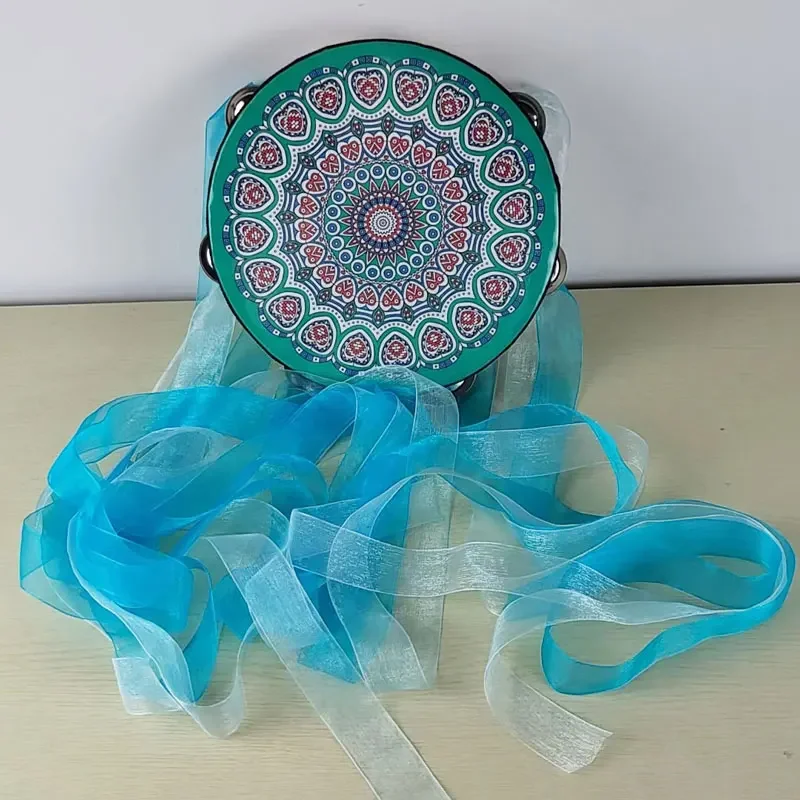 Chinese Hand Drum with Ribbon Bells Dunhuang Dance Stage Performance Decorative Tambourine Musical Instrument Photography Props