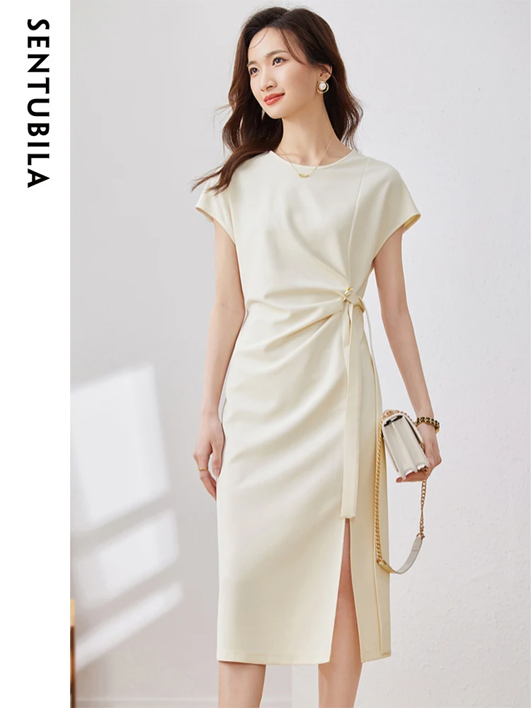 

Sentubila Women's Elegant Summer Slit Dress 2024 New Fashion Crew Neck Ruched Tie Belt Fitted Short Sleeve Midi Dress 132L48779