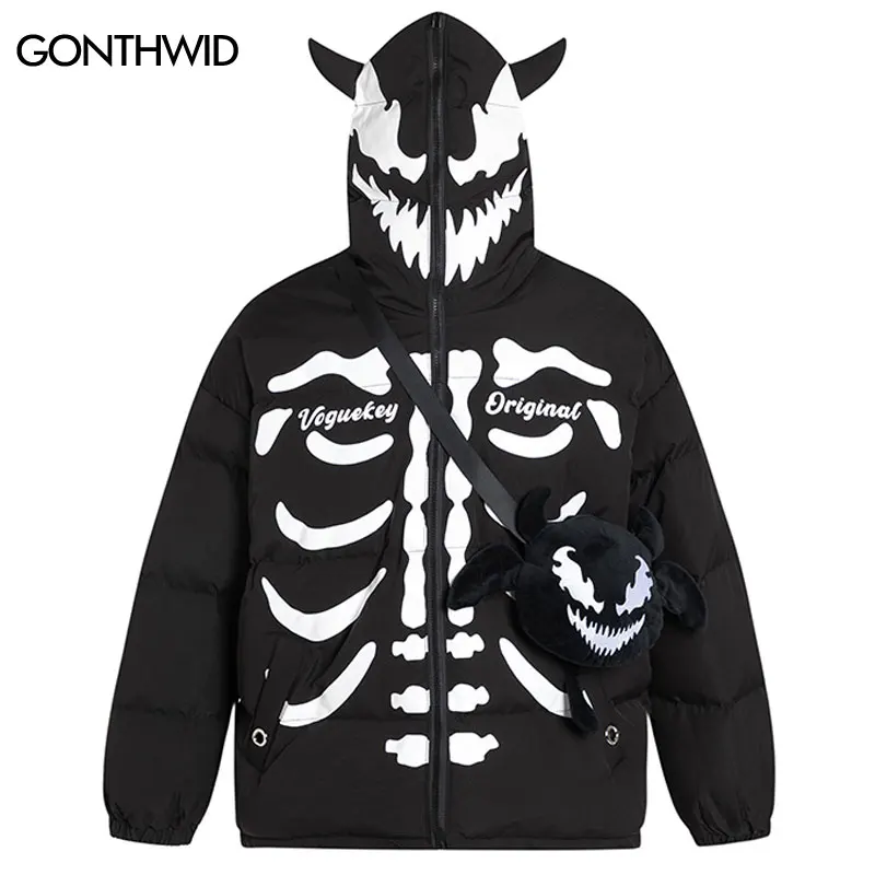 

Devil Horns Hooded Parkas Winter Jacket Streetwear Hip Hop Skull Bones Print Full Zip Up Thick Warm Padded Parka Coats with Bag