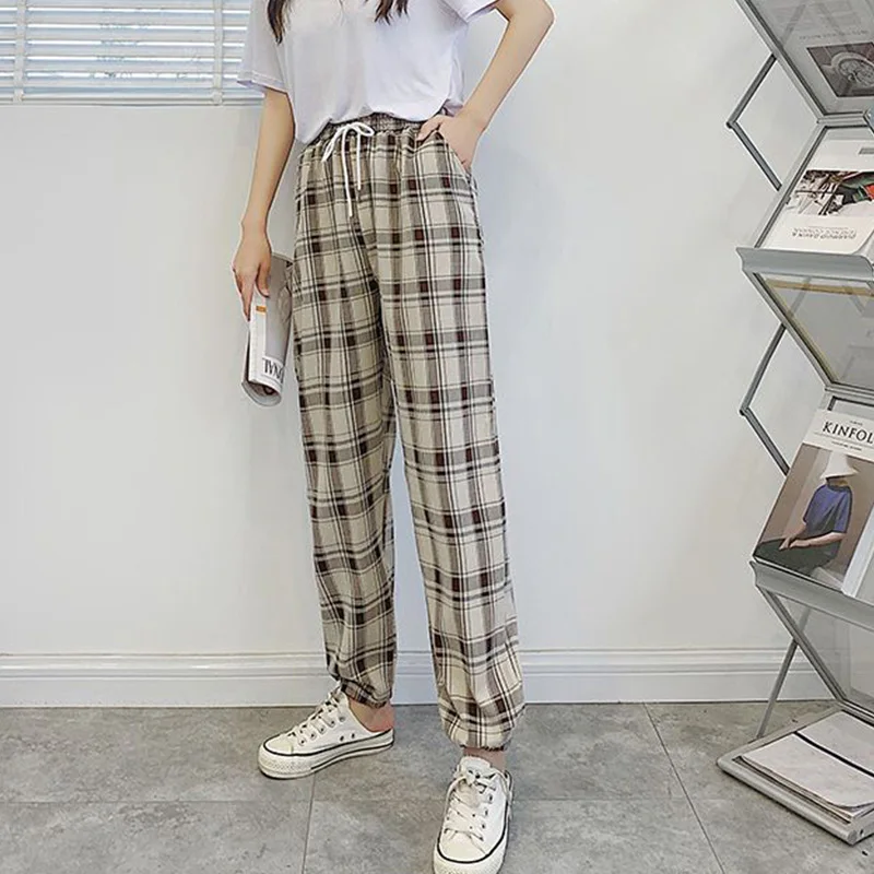 Fashion Color Blocking Plaid Print Jogger Pants Spring Autumn Bandage Pockets Higt Waist Loose Harem Nine Points Trousers Female