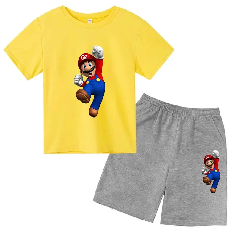 thumbnail image 1 of Conjunto de 2 piezas de camiseta y pantalones cortos de Mario de manga corta de verano para niños y niñas de 3 a 12 años, conjunto deportivo informal para niños, 1 of 5
