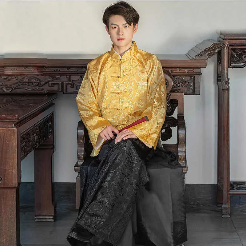 Mens Cotton Linen Gold Red Blue Black Mandarin Jacket Long Robe Male 1900-1949 Traditional Chinese Streetwear Tang Suit