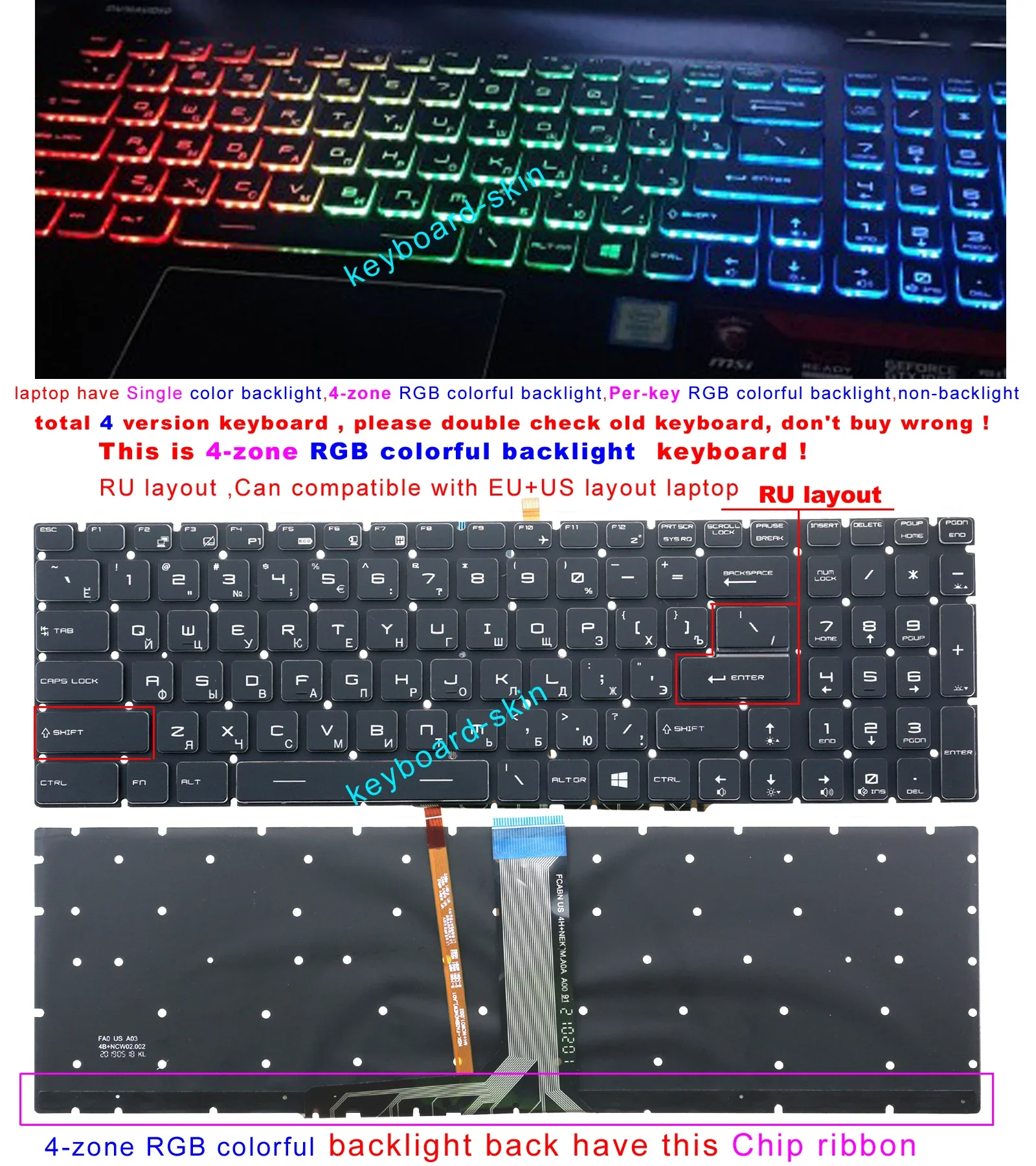 Rgb Colorido Retroiluminado Teclado Russo para Msi Ms1791 Ms-1792 Ms-1796 Ms-16jb Ms-16j9 Ms-16jd Ms-16jc Ms-1799 Ms-16k2 Ms-16l2