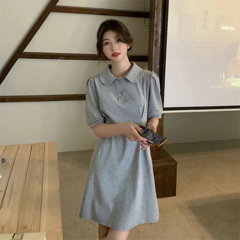 

Sleeve Dress Women Folds Design Fashion Solid A-line High Waist Preppy Peter Pan Collar Sweet Tender Young Korean Style Ins 2024