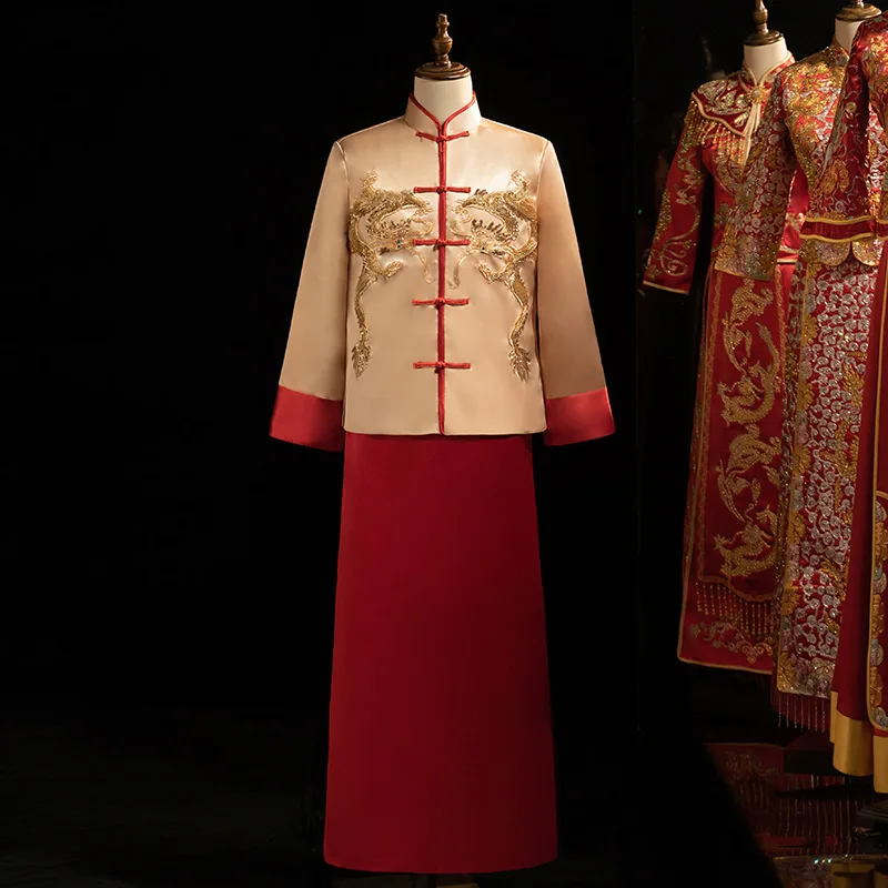 Chinese Traditional Costume Men Banquet Chinese Traditional Mandarin Collar Wedding Dress High-Quality Bridegroom Embroidery Cheongsam