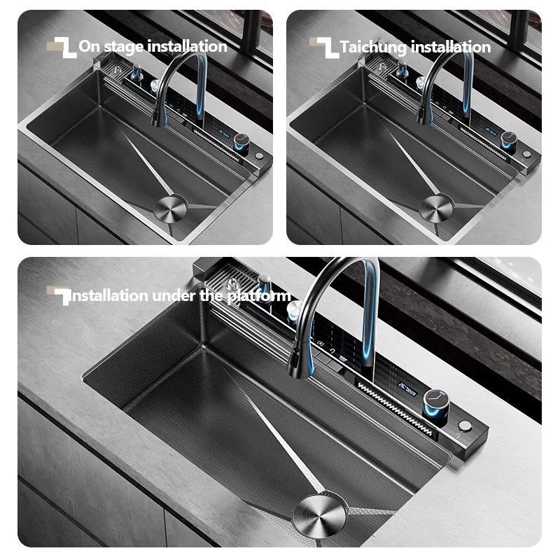 304 Sink Key Digital Display Waterfall Rain Sink Stainless Steel Large Single Trough Hand Basin Washing Dishes Under The Basin