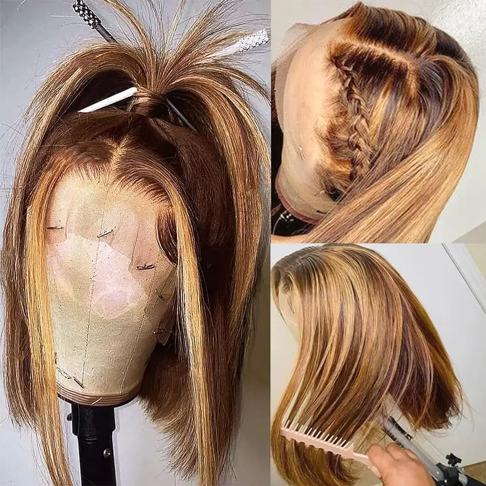 4/27 Highlight Bob Wigs Straight Lace Front Wig Human Hair 613 Honey Blonde Ombre Colored 13x4 Frontal Short Bob Wig Human Hair 3