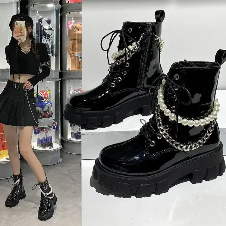 black morgan pearl booties 黒　パールブーツ チェルシー厚底ロングブーツ | ファッション通販サイト NUGU