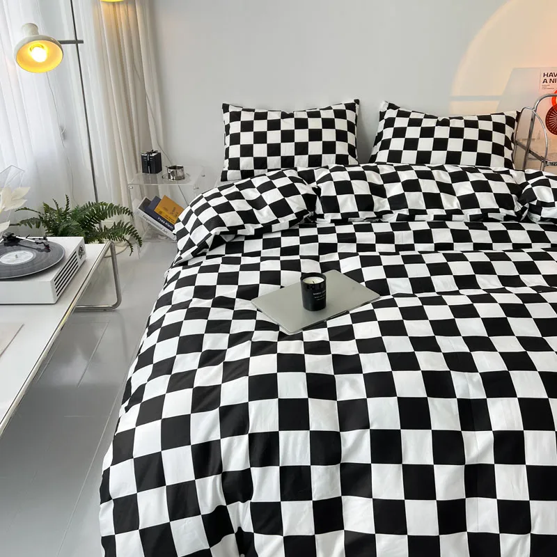 100CottonDuvetCoverQueenSizeBedCoverBlackWhiteCheckerboard