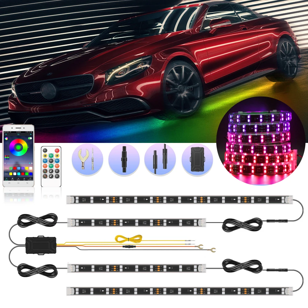 

Double Row LED Car Neons Underbody Light Car Decorations Underglow RGB Dream Color Ambient Atmosphere Lamp With Remote APP 12V