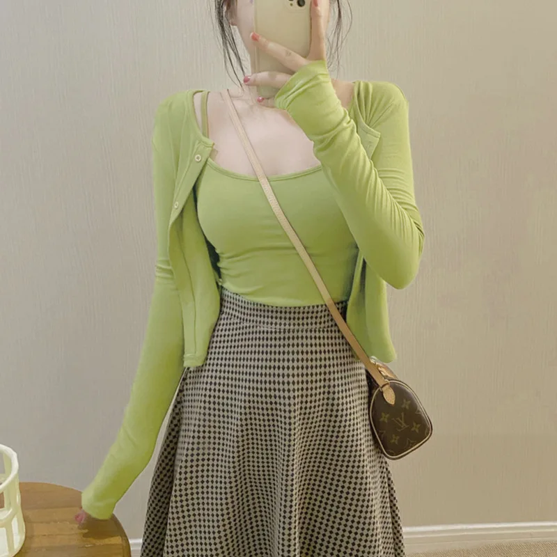 

Korean Short Sleeve Cardigan Coat+suspenders Vest Womens Two Peice Sets Summer Hit Color Streetwear 2 Piece Sets Fashionable Top